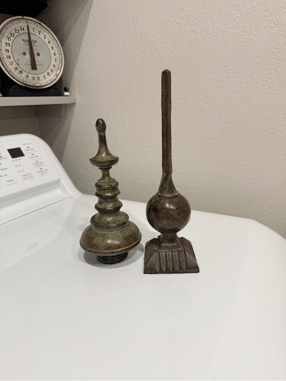 Vintage Bronze-Green Decorative Finial Pair Heavy Sculptural Mantel Accents - Picture 9 of 15